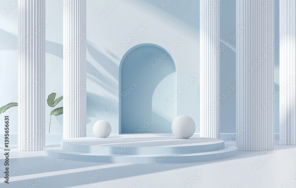 Poster serene, minimalistic white interior features tall columns, curved archway, and soft shadows. two sph