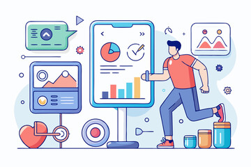 Fitness tracker smartwatch UI with heart rate, steps, and calories burned, clean vector design