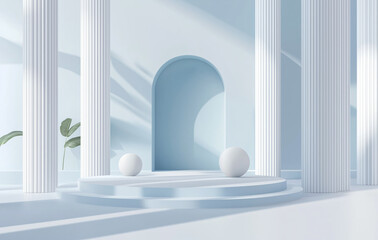 serene, minimalistic white interior features tall columns, curved archway, and soft shadows. Two spherical objects rest on raised platform, adding to tranquil ambiance