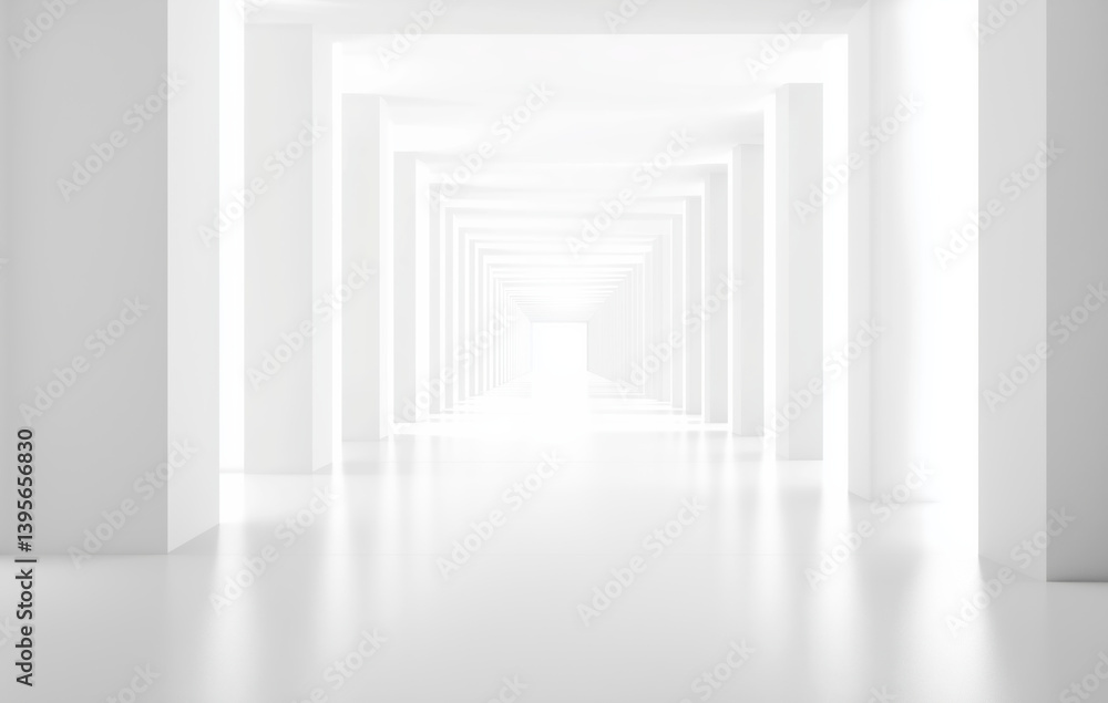Poster bright, minimalistic white interior features series of symmetrical columns creating tunnel effect, e