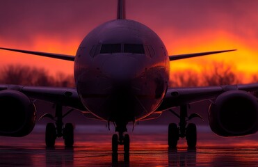 an airplane sitting on top of an airport tarmac at sunset, with trees in the background and the sky illuminated in a beautiful array of oranges, pinks, and purples
