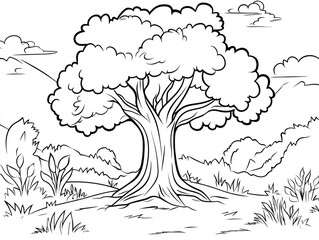 Majestic oak tree in a scenic landscape, hills in background, coloring book page