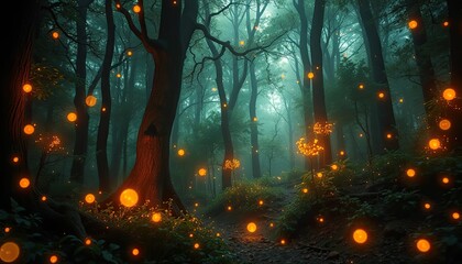 Obraz premium Enchanted Forest with Glowing Orange Lights and Misty Atmosphere