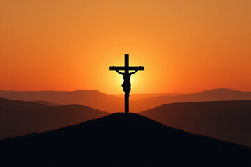 Sunset Silhouette of Jesus Christ on the Cross, Mountaintop Crucifixion