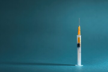 A close-up view of a syringe with orange liquid against a teal background in a clinical setting