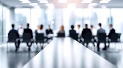 Business Meeting in Modern Office - Blurred of a business meeting around a large table in a modern office with large windows