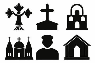 christian icon set sihouette black vector