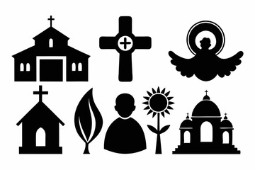 christian icon set sihouette black vector