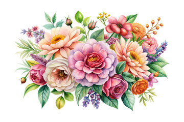 Watercolor floral arrangement with vibrant flowers isolated on transparent background. Png