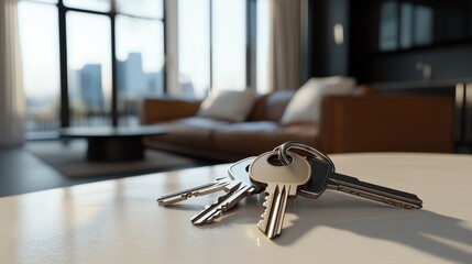Set of House Keys on Glossy Surface with Blurred Modern Living Room: New Homeownership Concept