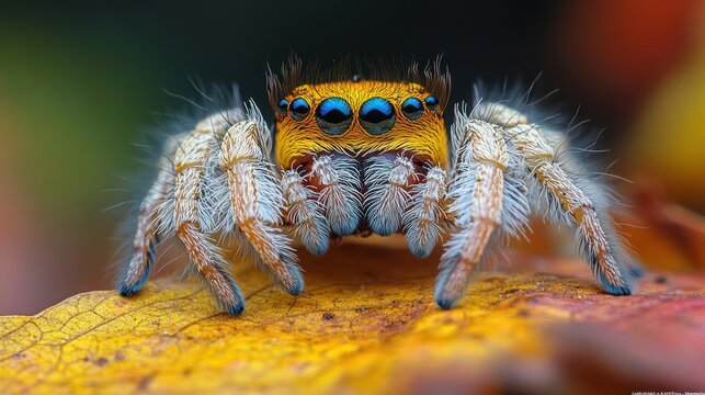 Fluffy Jumping Spider on Autumn Leaf