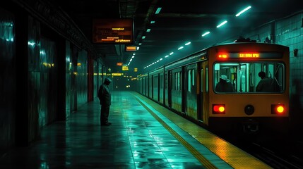 A lone person awaits a train at an illuminated underground station