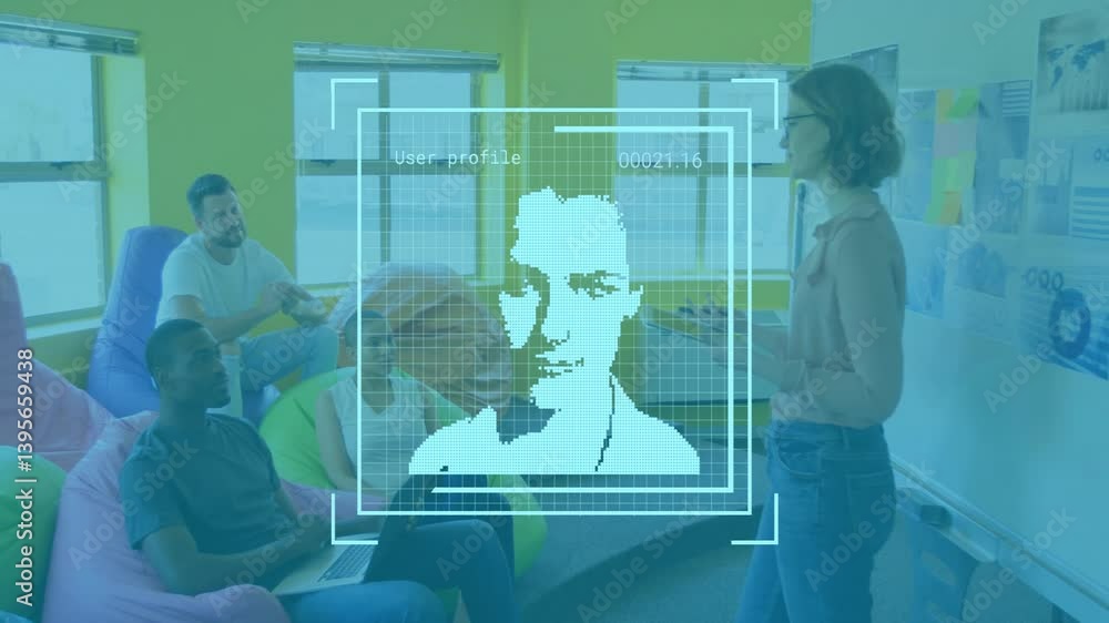Poster collaborating in colorful office, diverse team with digital face recognition animation