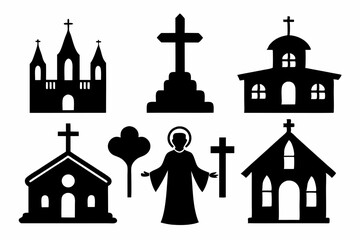 christian icon set sihouette black vector