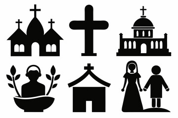 christian icon set sihouette black vector