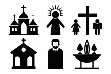 christian icon set sihouette black vector