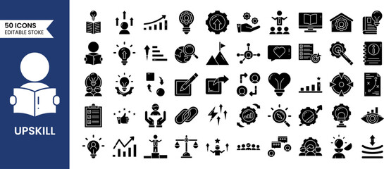 Upskill icons set in solid style. Contains icons related to Upskill, upskilling, personal growth, development, target, career, and more. Vector illustration