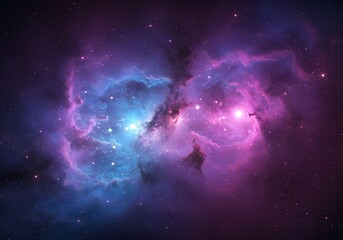 Fototapeta premium abstract glitter silver, purple, blue lights background. de-focused. banner, Cosmic nebula, vibrant purple and blue clouds, glowing pink particles, starry background