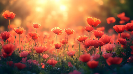 Obraz premium Red Poppies Field at Sunset, Warm Light, Vibrant Floral Landscape