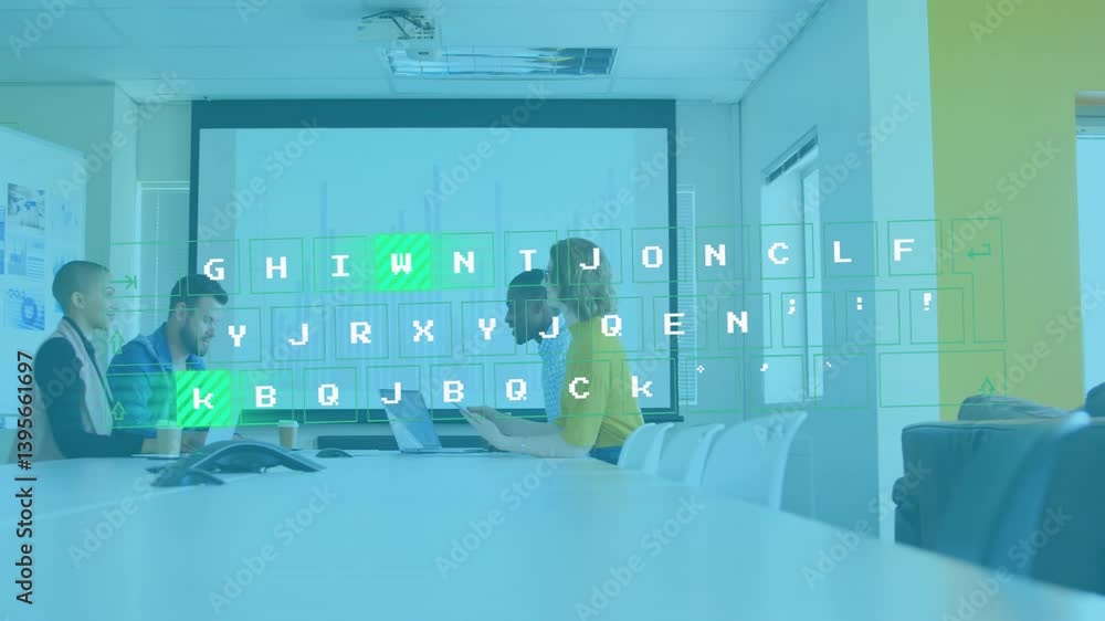 Poster people working on laptops in conference room with data processing animation overlay