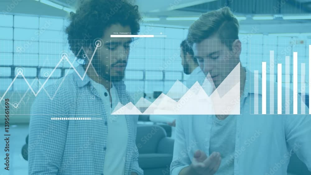 Aufkleber discussing data analytics, business professionals with graphs overlay in modern office