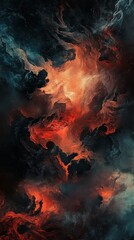 Abstract cloudscape with dramatic lighting featuring orange and dark blue hues.