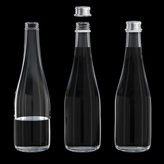 Glass water bottles with cap isolated on black. 3d illustration