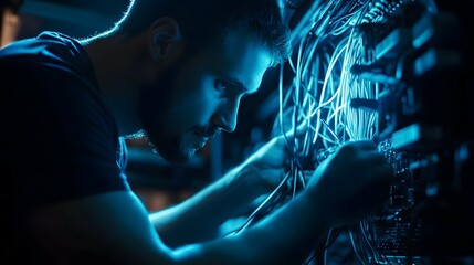 Man working with glowing blue wires in a dark environment.