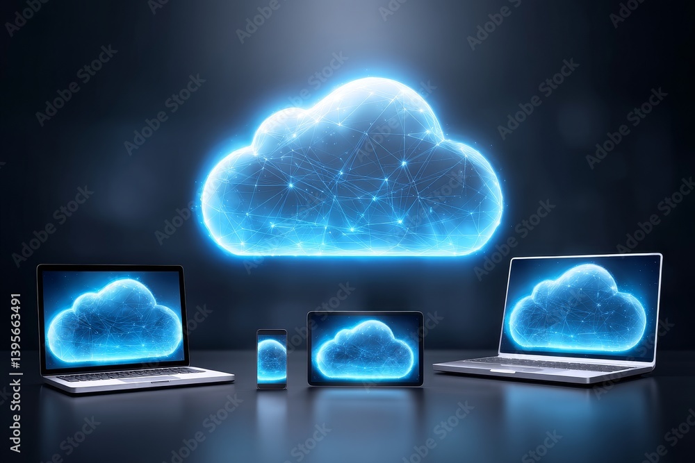 Poster cloud computing network devices - devices connected to a glowing cloud, symbolizing cloud computing 