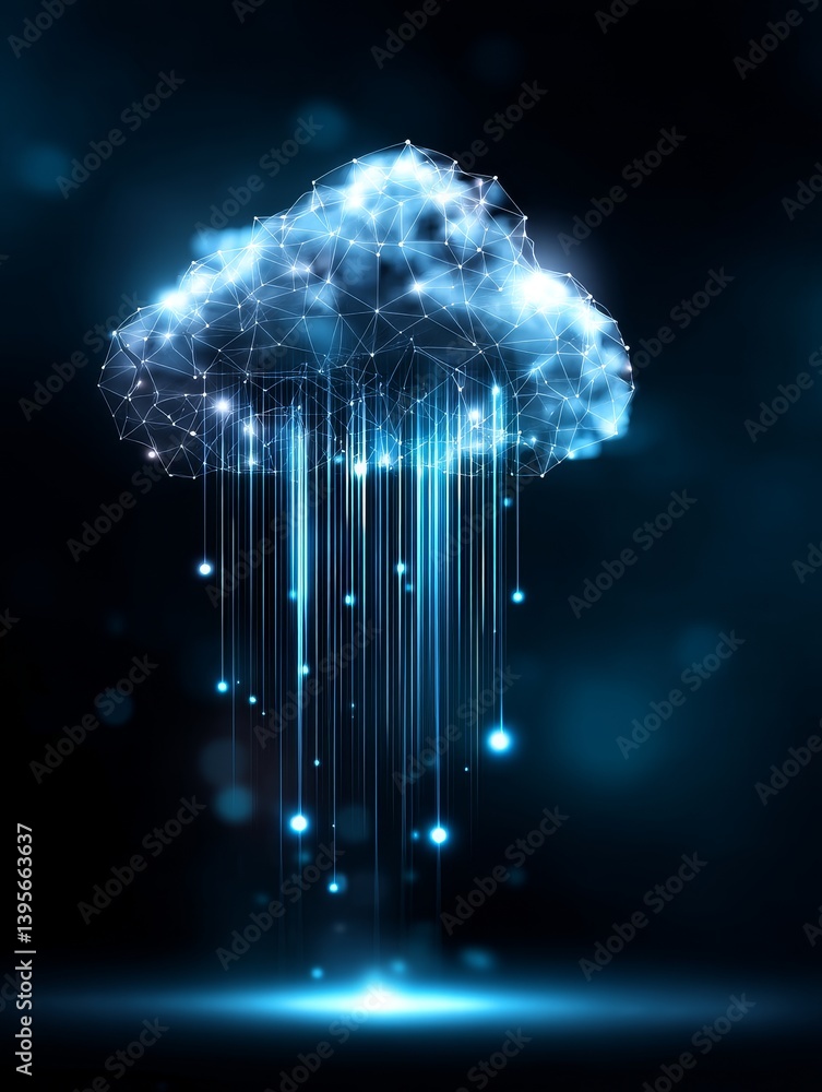 Poster cloud network data flow - abstract glowing cloud with data streams, representing technology, network