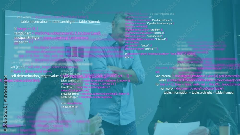 Poster discussing project, business team with animation of programming code in background