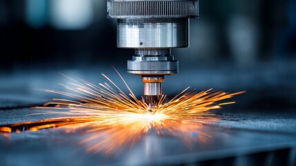 CNC Metal Cutting Machine Close-up with Sparks - Precision metal fabrication, industrial technology, sparks, cutting process, manufacturing. Symbolizing: Innovation, precision, power, technology