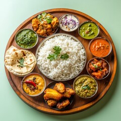 Colorful Indian thali featuring assorted curries, rice, raita, chutney, and fried snacks served in wooden bowls on a round tray.
