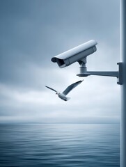 Coastal Surveillance: Ocean View Security Camera - Security, monitoring, ocean, coastal protection, bird. A seagull flies past a coastal security camera overlooking the ocean. Symbolizing vigilance