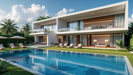 Fototapeta premium Luxurious modern villa featuring a sparkling pool and a lush tropical landscape under a bright blue sky.
