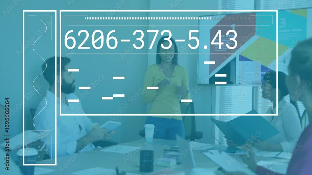 Poster discussing strategy, diverse team in business meeting with data processing animation