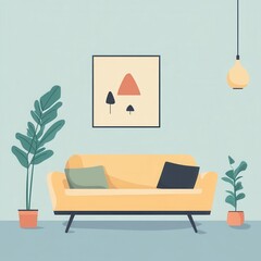 Flat vector illustration of a cozy modern living room interior featuring a yellow couch, indoor plants, pendant light, and wall art.
