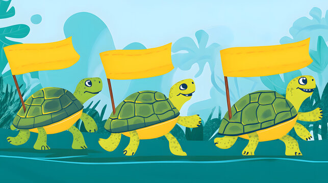 A group of turtles marching together with banners. World Turtle Day	