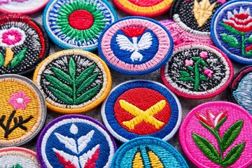 Naklejka premium Colorful Embroidered Patches Collection: Nature and Symbols - A vibrant collection of embroidered patches showcasing nature-inspired designs, symbolic imagery