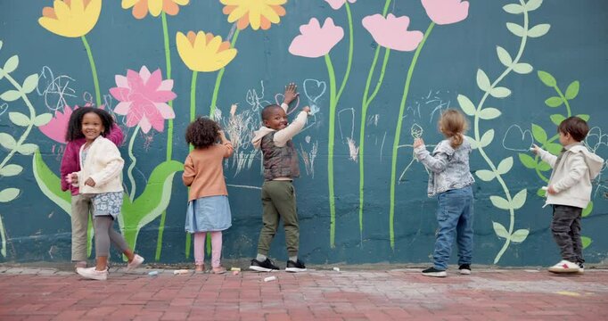 Art, mural and drawing with children and wall for friends, painting or community project. Flowers, learning and kindergarten education with group of kids in city for volunteer outreach program