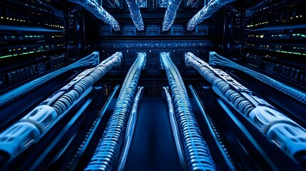Data center with servers and cables illuminated in blue light.