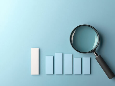 Magnifying glass focusing on upward trend graph with blue background, symbolizing growth