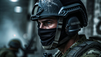 Fototapeta premium Close-up shot of a soldier in tactical gear, exuding readiness and combat focus.