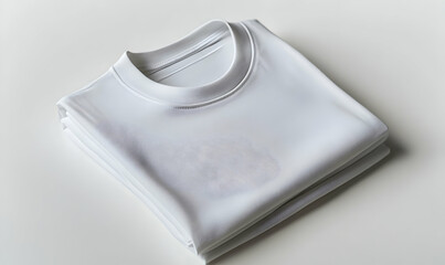 Folded white t-shirt on a plain background, showcasing its texture and simplicity for apparel display