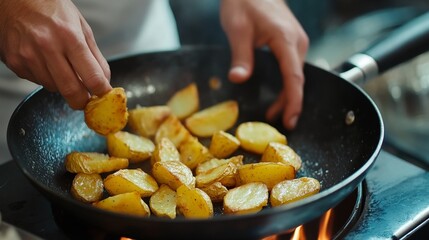 Male cooking sliced potatoes in pan on stove