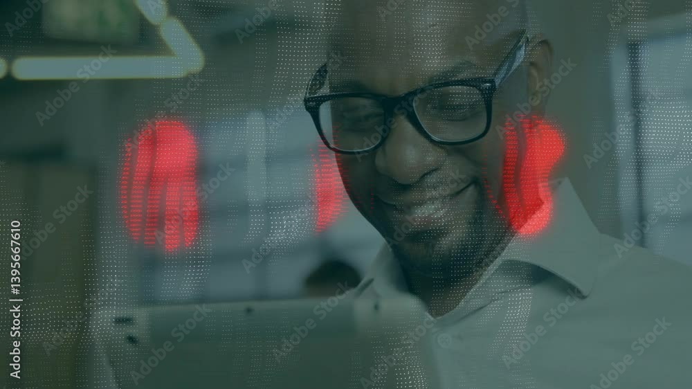 Poster using tablet, man with digital data and red animation graphics overlay
