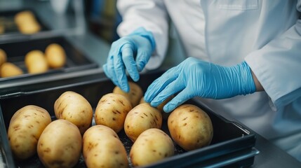 Food quality control: inspector handling potatoes in laboratory