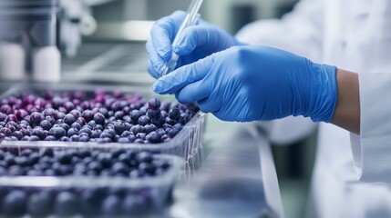 Closeup of laboratory testing on fresh blueberries for quality control