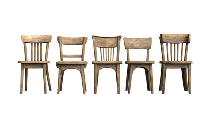 A row of five rustic wooden chairs, showcasing their unique textures and natural color variations.