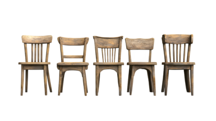 A row of five rustic wooden chairs, showcasing their unique textures and natural color variations.